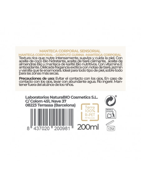 Mantega corporal sensorial flor de tiaré i Aloe vera  NaturaBIO Cosmetics
