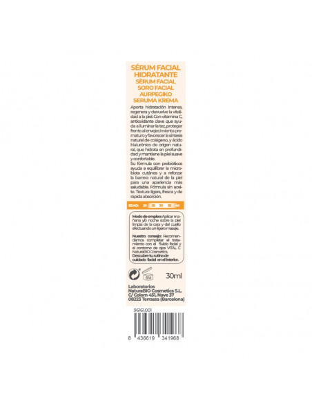 Sèrum facial hidratant Vital C, prebiòtics i àcid hialurònic NaturaBIO Cosmetics